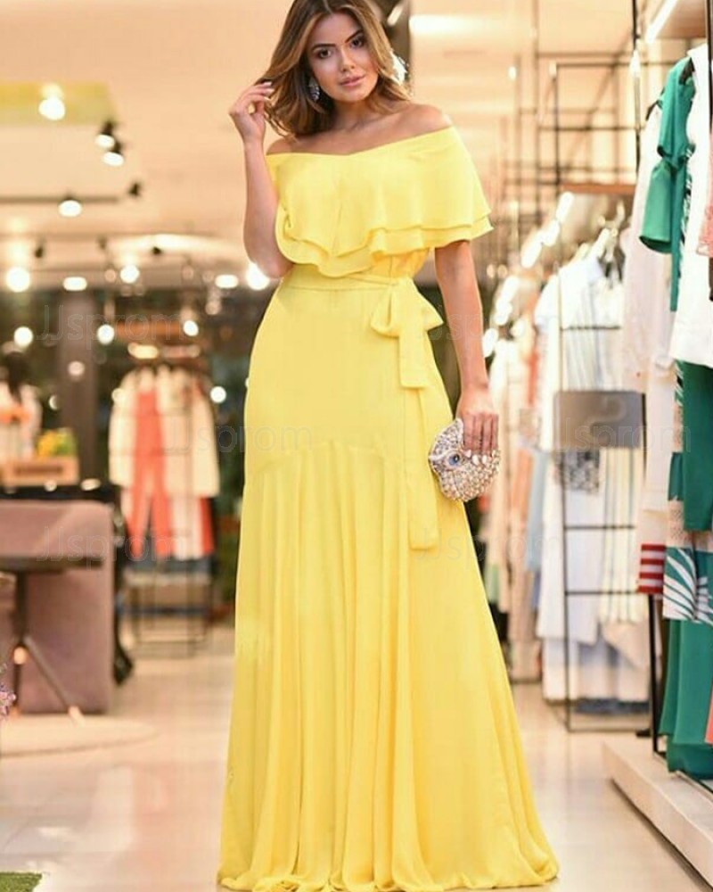Chiffon Pleated Off the Shoulder Yellow Prom Dress PD1792