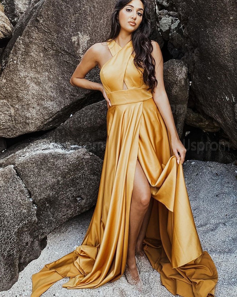 Criss Cross Satin Wax Yellow Simple Prom Dress with Side Slit PD1991