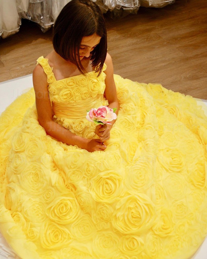 Yellow 3D Flower Lace Square Neckline Prom Dress with Bowknot PD1999