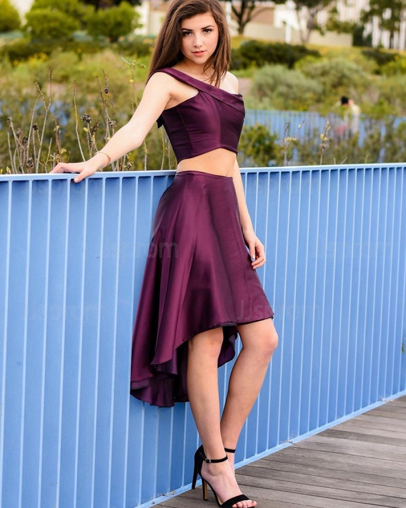 Simple High Low Two Piece Burgundy One Shoulder Satin Prom Dress PD2001
