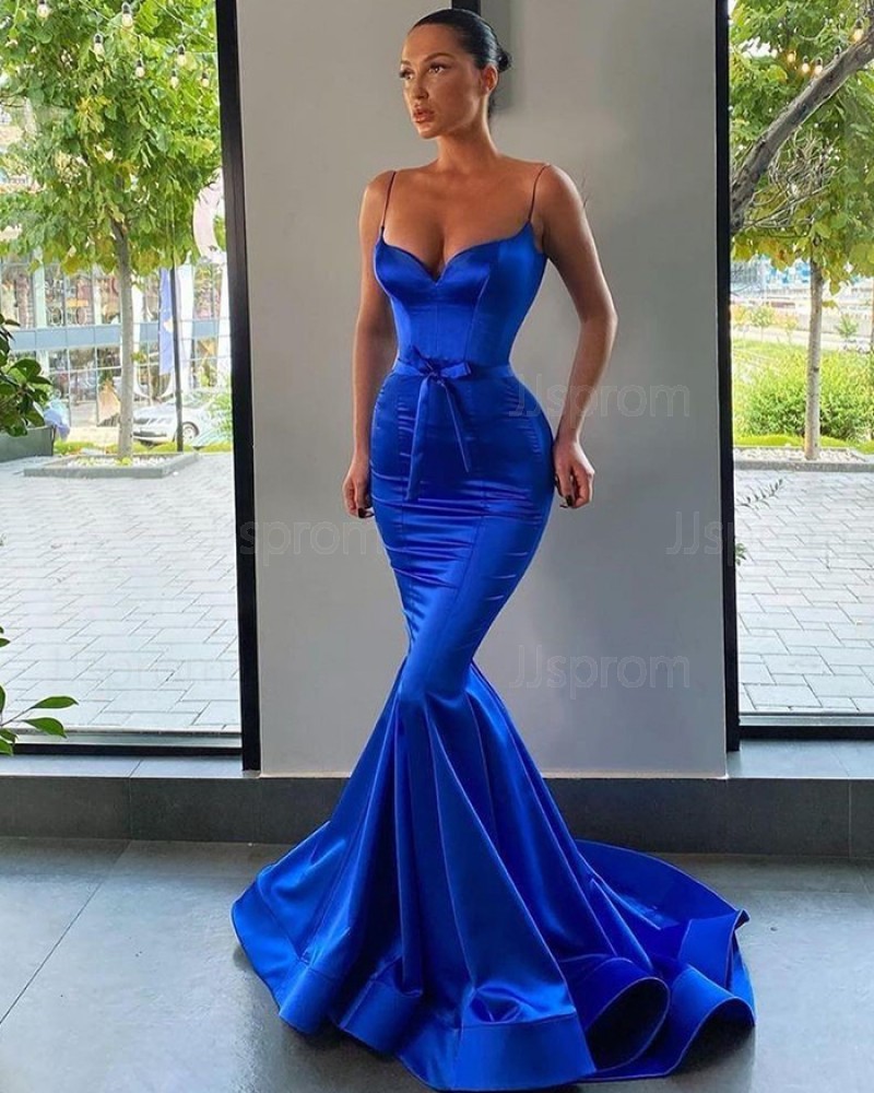 Satin Spaghetti Straps Blue Mermaid Simple Prom Dress PD2002