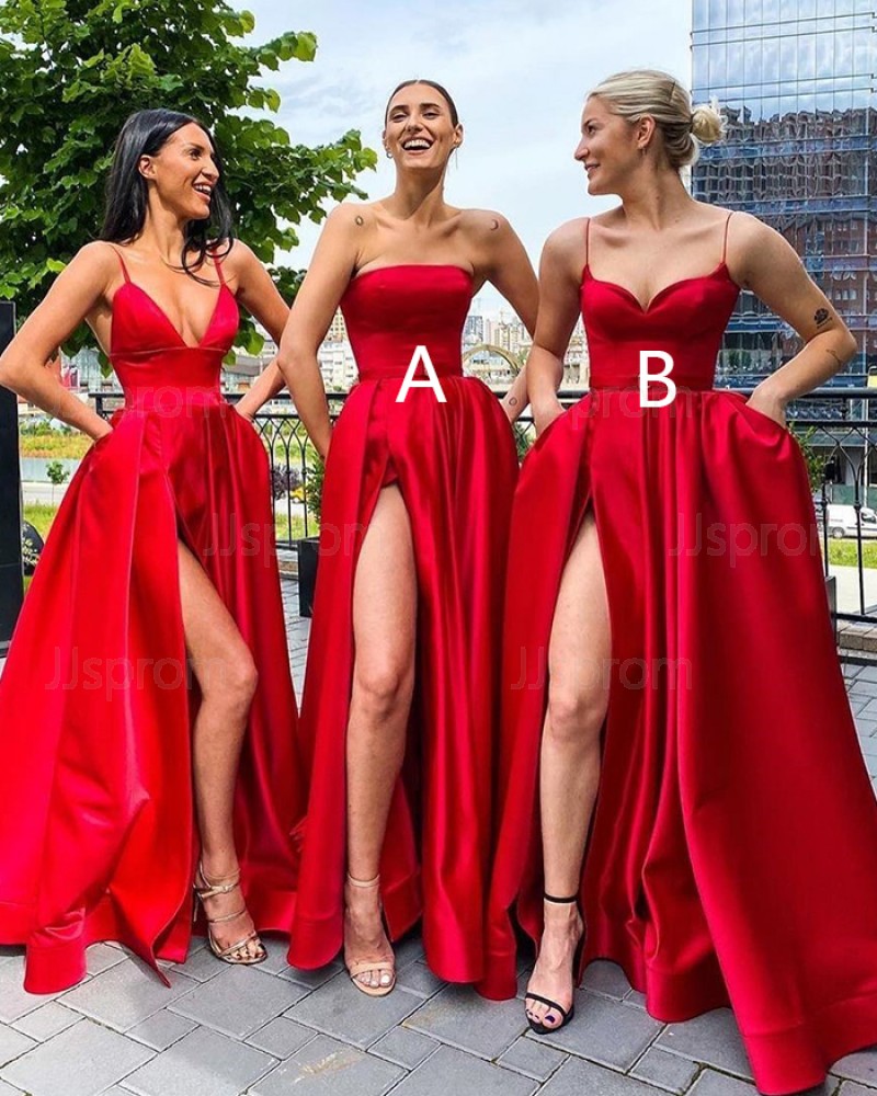 Strapless Red Satin Side Slit Simple Prom Dress with Pockets PD2004