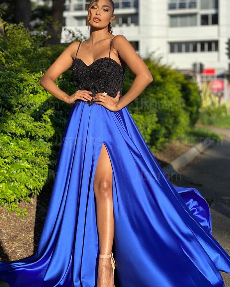 Black & Blue Spaghetti Straps Beading Bodice Prom Dress with Side Slit PD2009