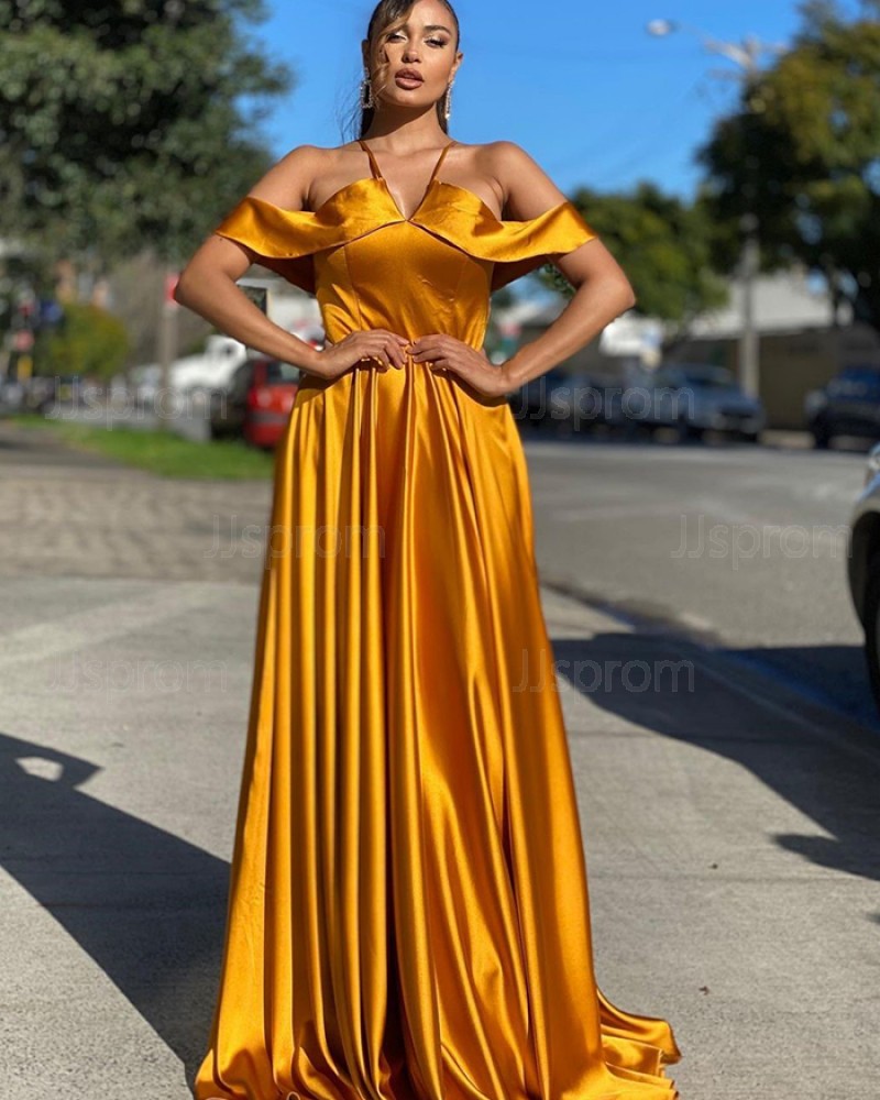 Cold Shoulder Gold Satin Simple Prom Dress PD2012