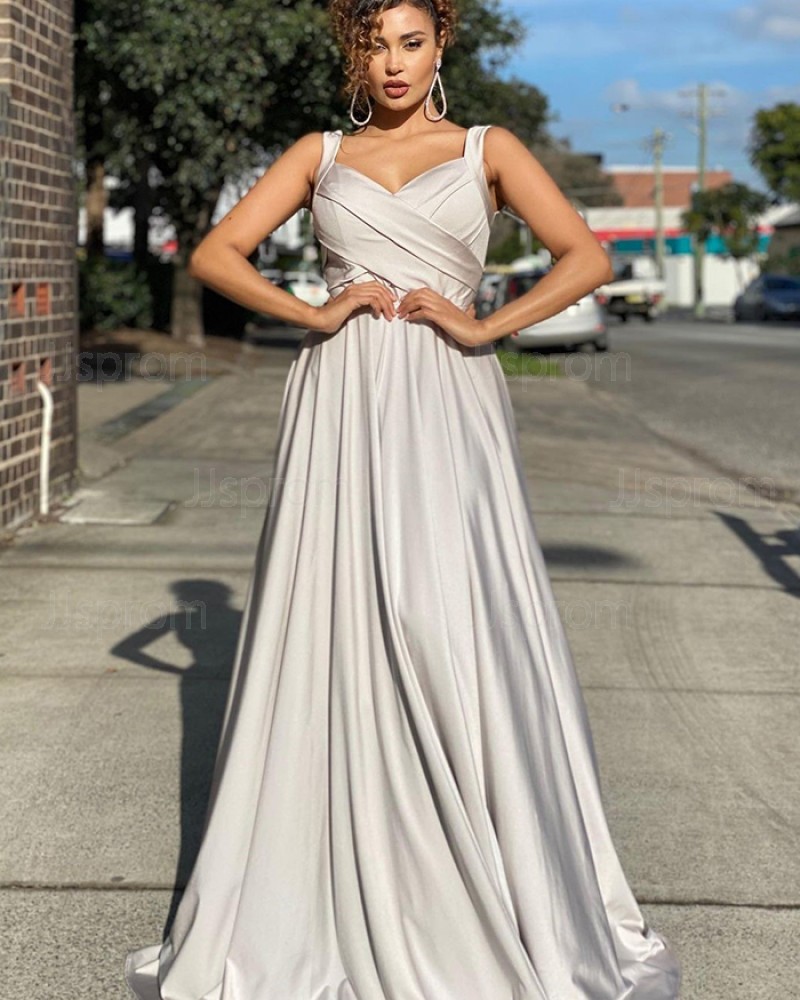 Square Neckline Ruched Grey Satin Simple Prom Dress PD2014