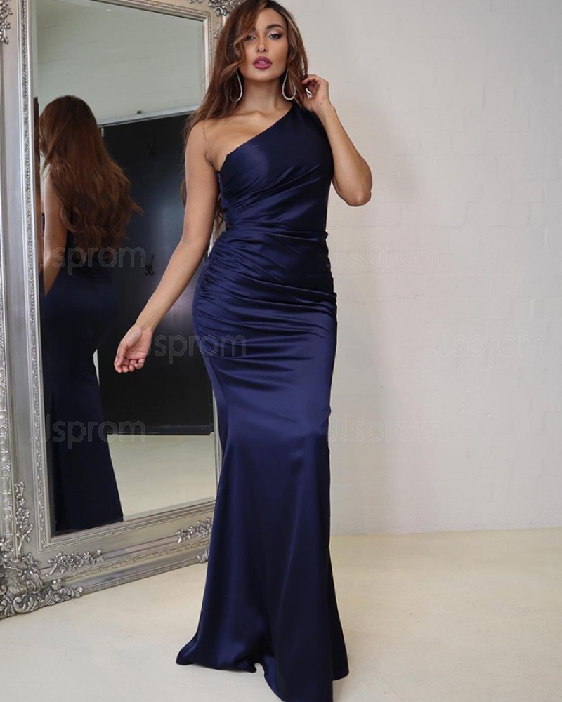 Navy Blue Ruched Satin One Shoulder Simple Prom Dress PD2018
