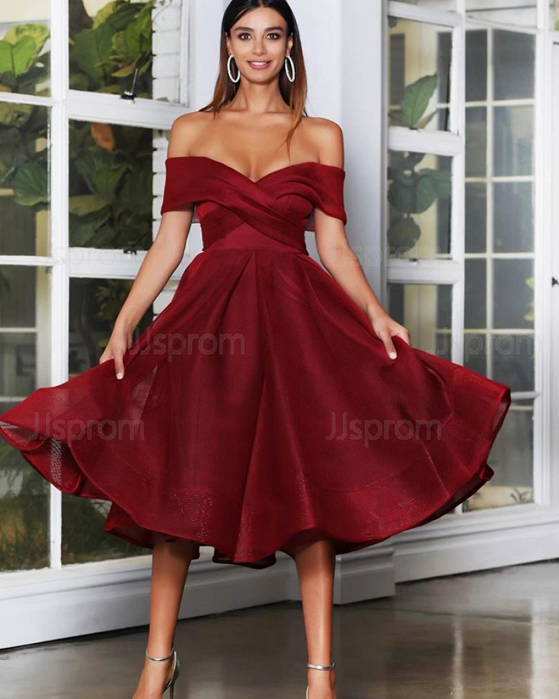 Ruched Burgundy Ankle Length Off the Shoulder Graduation Dress PD2019