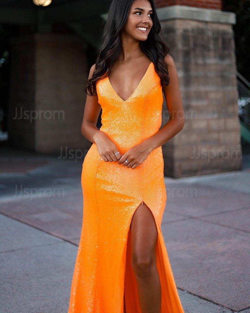 Orange Sequin Mermaid V-neck Prom Dress with Side Slit PD2022