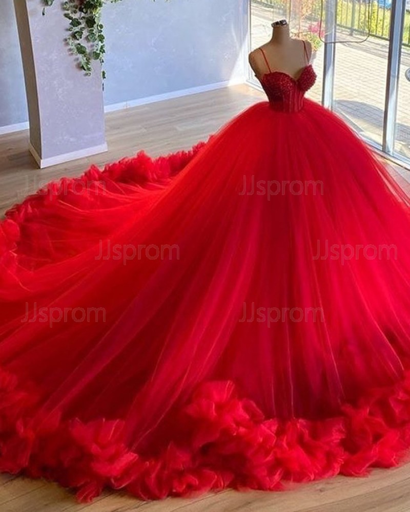 Red Spaghetti Straps Beading Bodice Tulle Ball Gown Evening Dress with Handmade Flowers PD2023