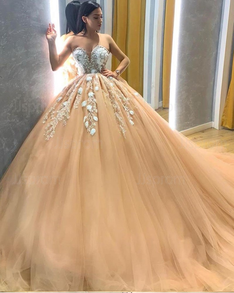 Lace Applique Bodice Champagne Sweetheart Pleated Tulle Prom Dress PD2029