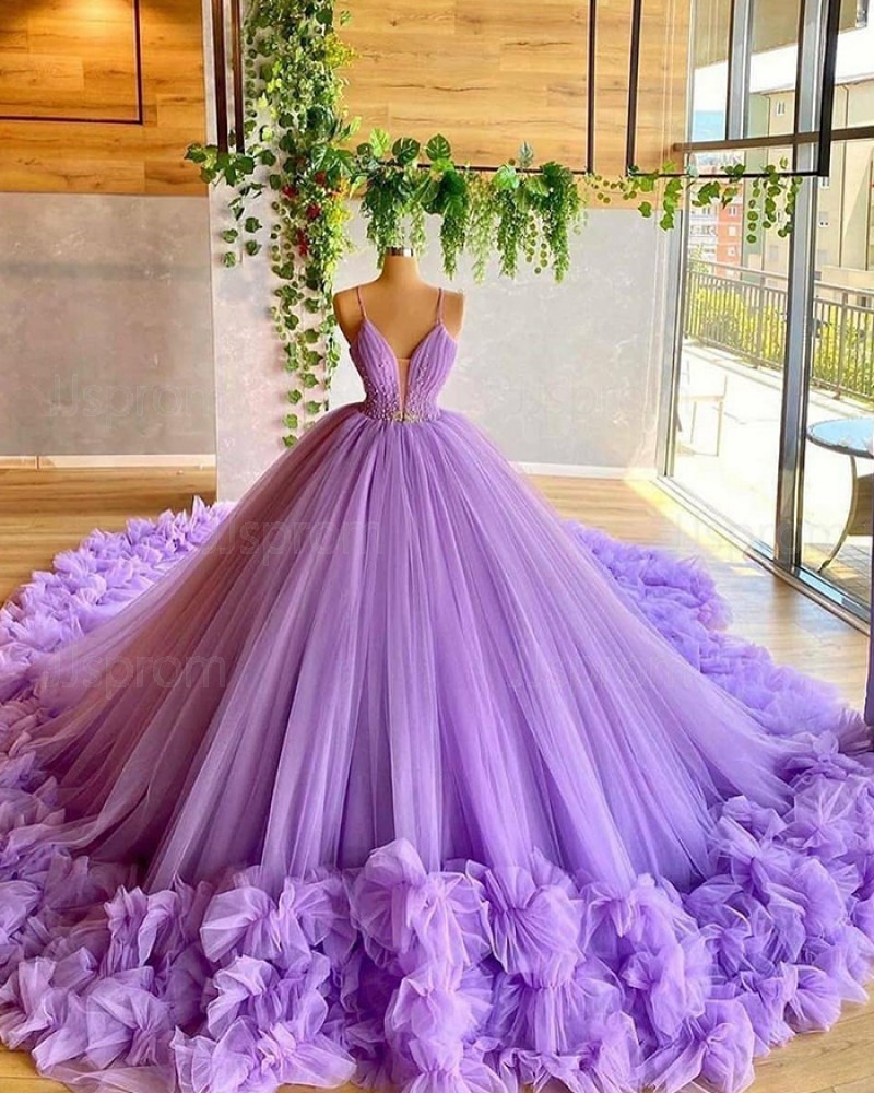 Lavender Beading Bodice Tulle Spaghetti Straps Evening Dress with Handmade Flowers PD2030