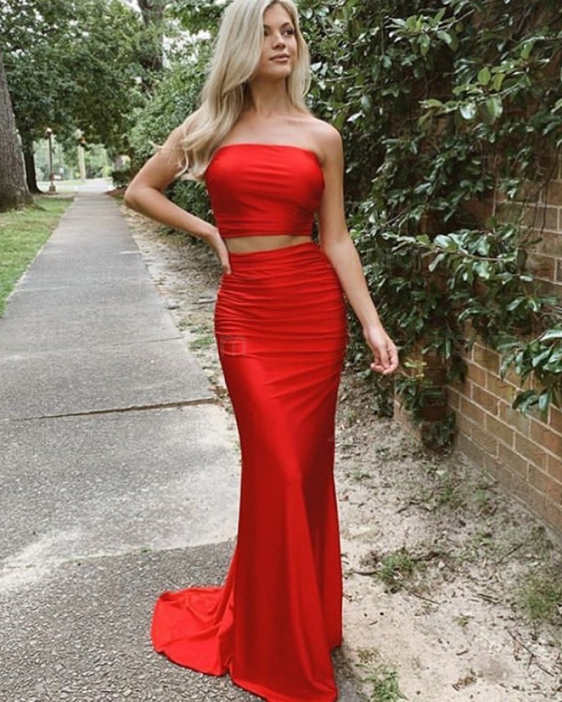 Two Piece Strapless Simple Satin Red Prom Dress PD2035