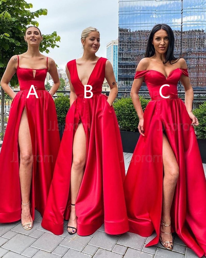 Spagehtti Straps Red Cutout Satin Side Slit Simple Prom Dress with Pockets PD2036