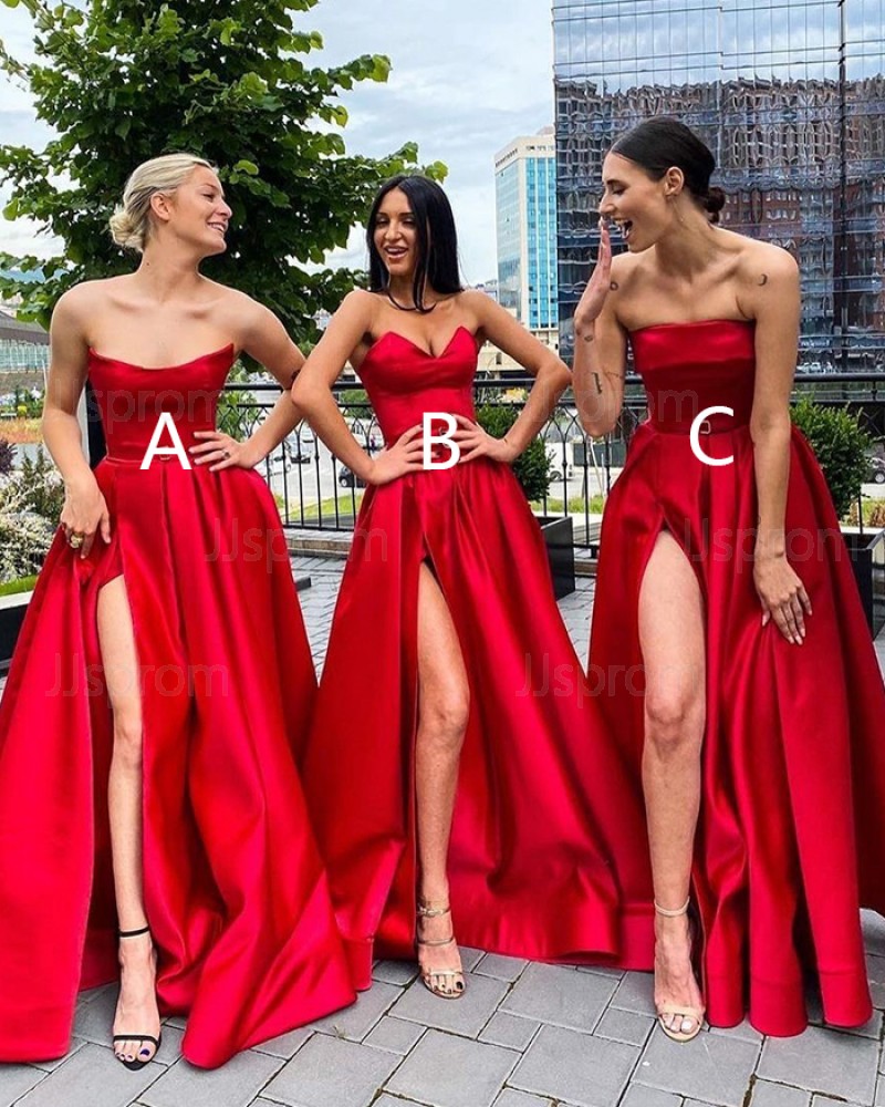 Strapless Red Satin A-line Simple Prom Dress with Side Slit PD2037