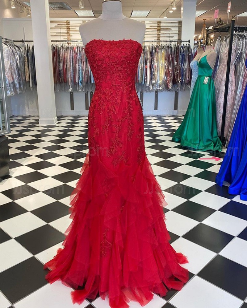 Lace Applique Strapless Red Ruffle Mermaid Prom Dress PD2039
