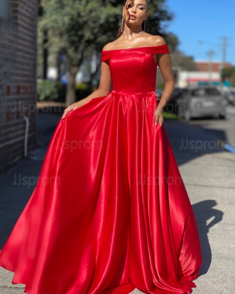 A-line Off the Shoulder Red Satin Simple Prom Dress PD2041