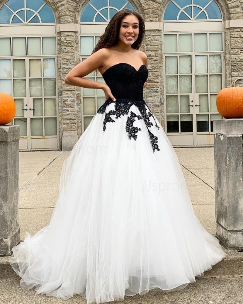 Black & White Tulle Applique Sweetheart Prom Dress PD2047