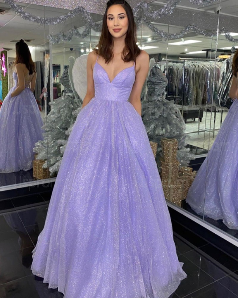 Lavender Spaghetti Straps Sequin Prom Dress with Pockets PD2051