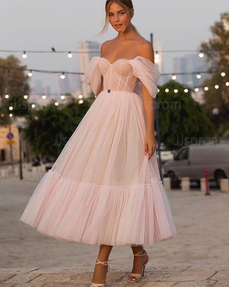 Light Pink Off the Shoulder Tulle Ankle Length Polka Dots Pleated Graduation Dress PD2057