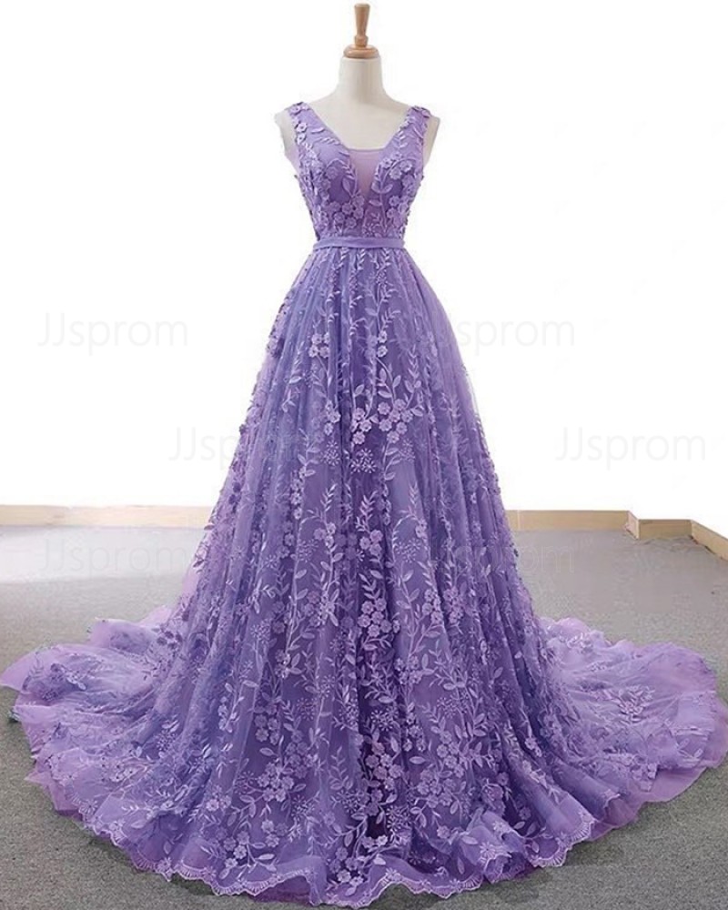 V-neck Light Purple Lace A-line Prom Dress PD2060