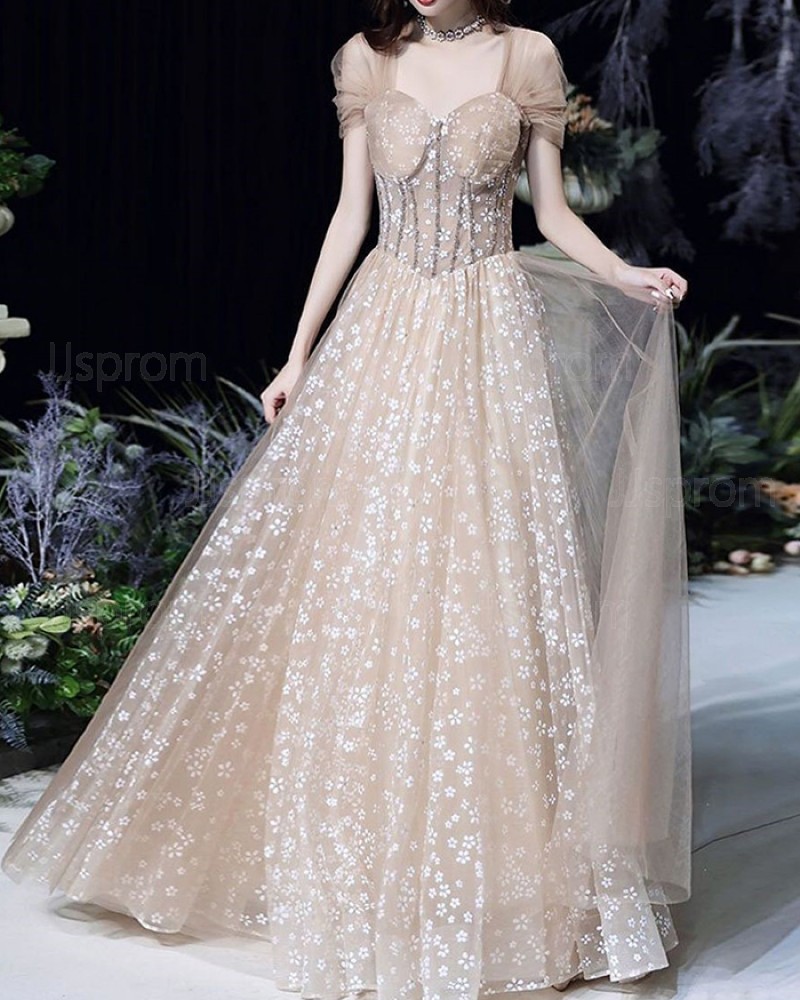 Lace Champagne Queen Anne Evening Dress with Tulle Cap Sleeves PD2072