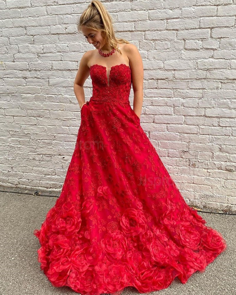 Red Lace A-line Strapless Prom Dress with Pockets PD2079