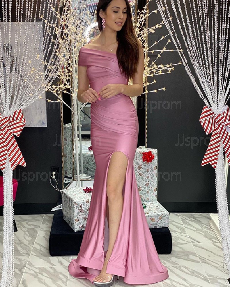 Ruched Dusty Pink Satin Mermaid One Shoulder Prom Dress with Side Slit PD2082