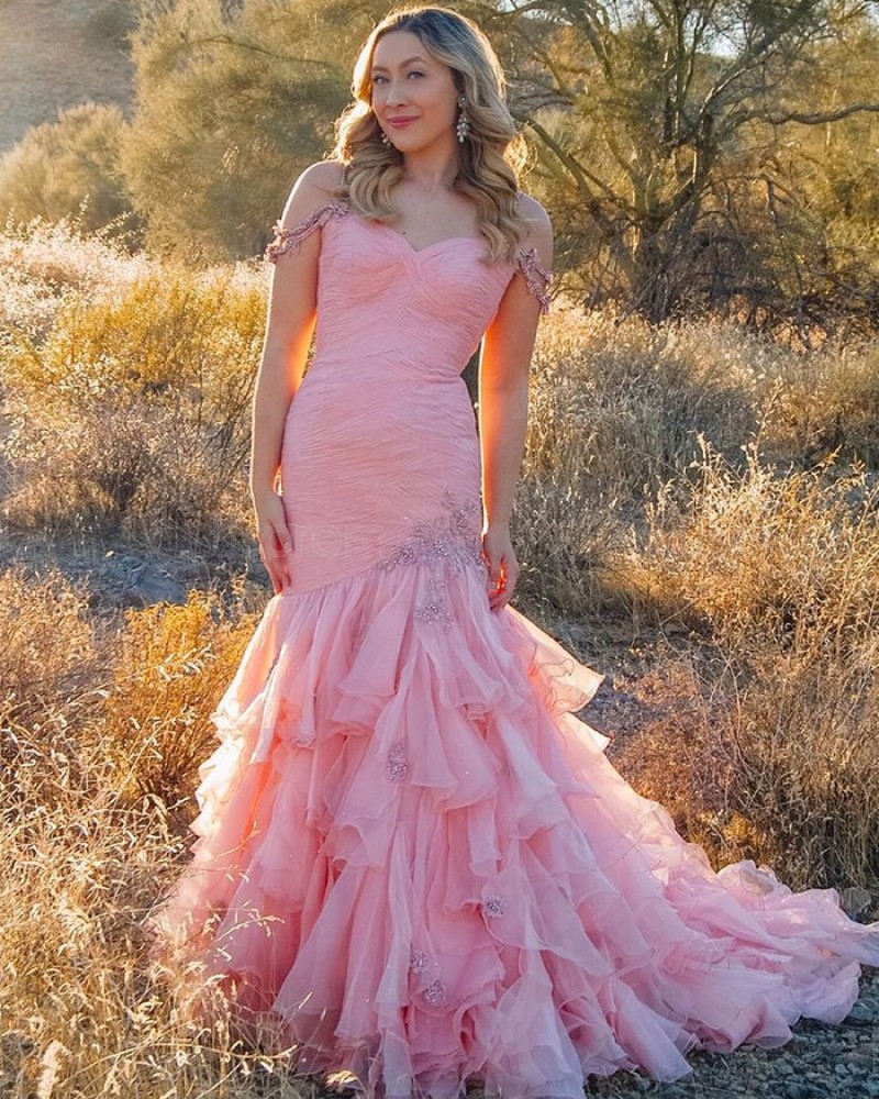 Ruffled Pink Tulle Cold Shoulder Beading Prom Dress PD2084