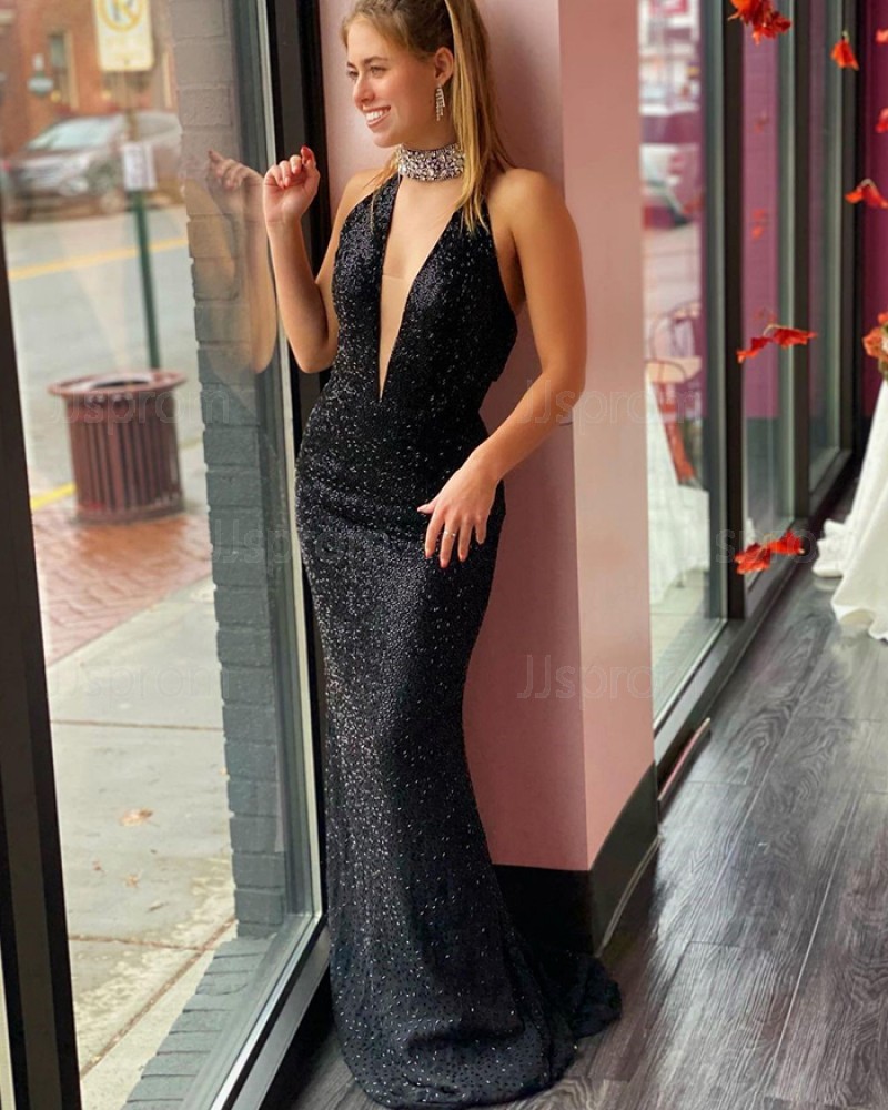 Glitter-knit Mermaid Black Deep V-neck Prom Dress PD2086