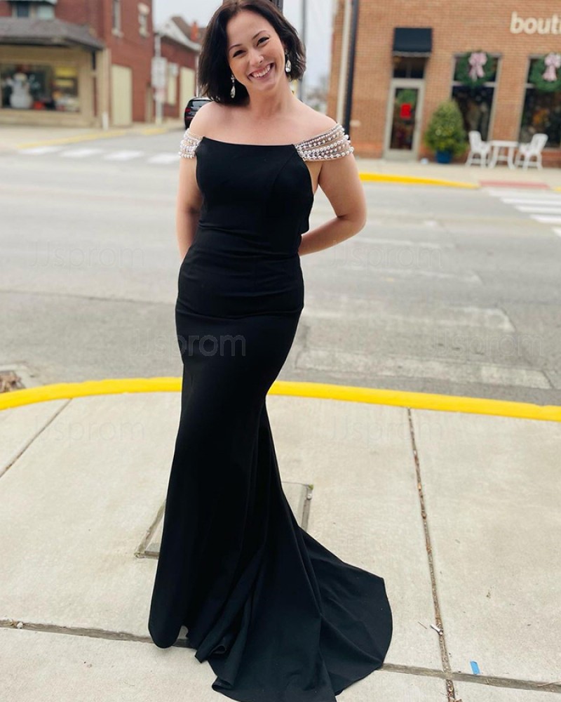 Black Satin Mermaid Off the Shoulder Prom Dress with Beading Cap Sleeves PD2087