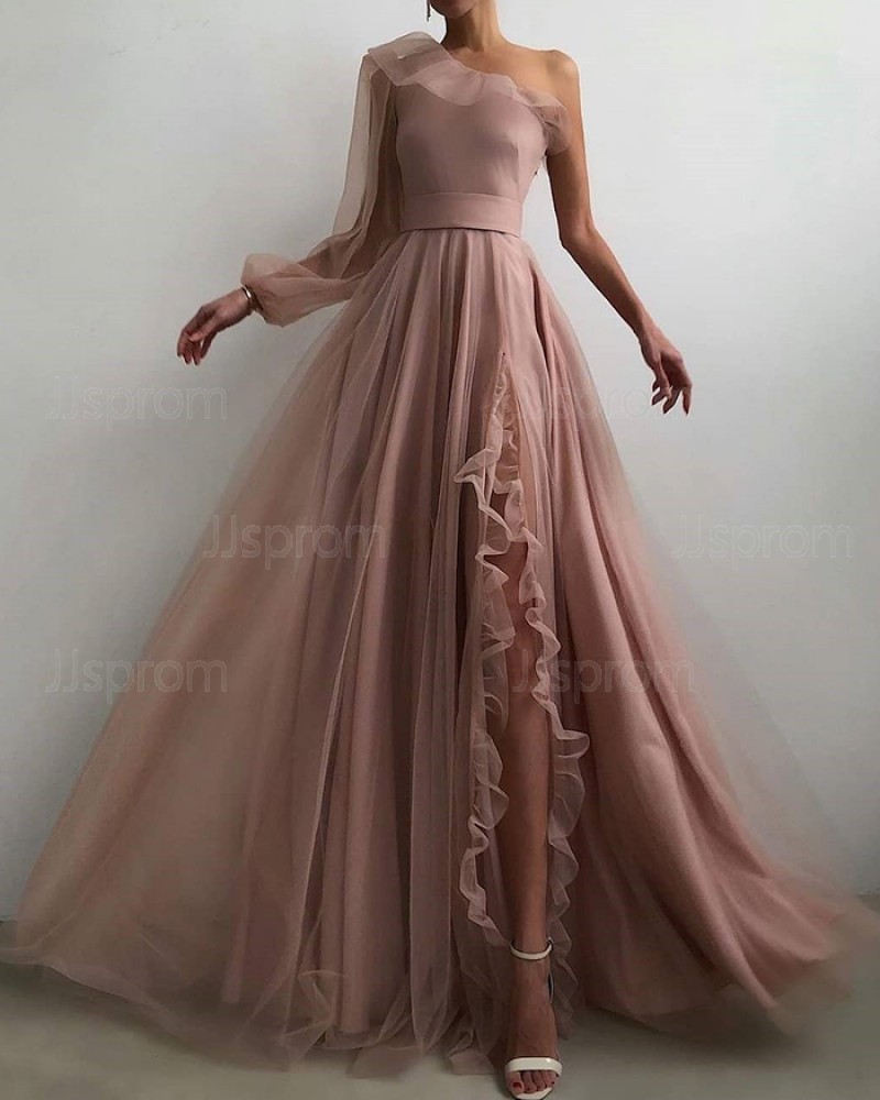 Tulle Nude Pleated One Shoulder Prom Dress with Side Slit PD2093