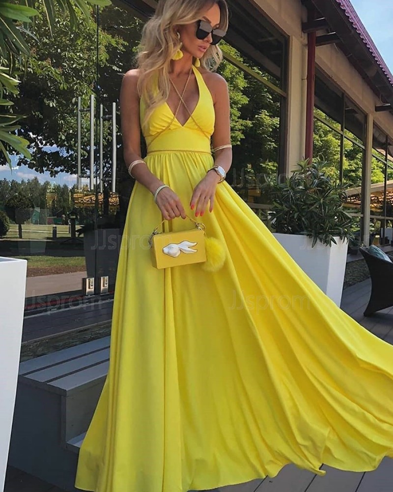 Halter Yellow Satin Pleated Simple Prom Dress PD2095