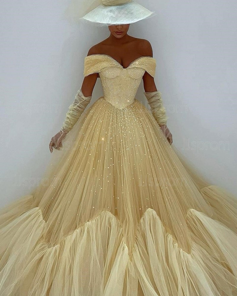 Light Yellow Glitter Pleated Off the Shoulder Evening Dress with Long Sleeves PD2099