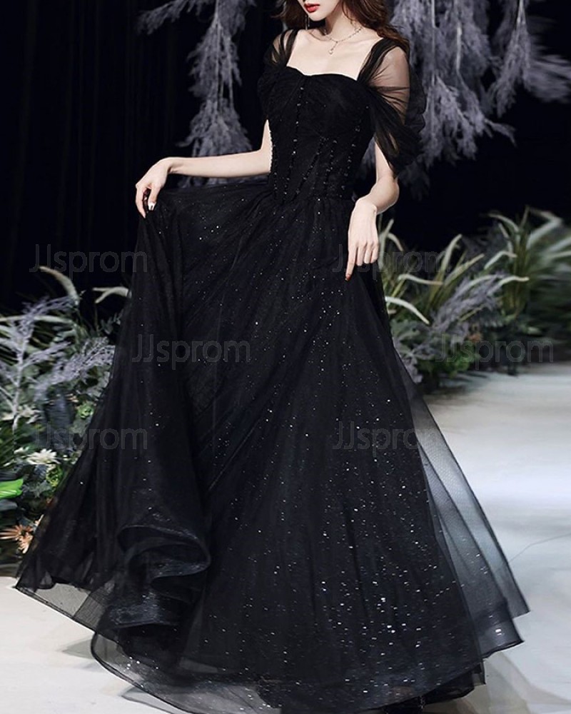 Tulle Pleated A-line Black Prom Dress with Cap Sleeves PD2101