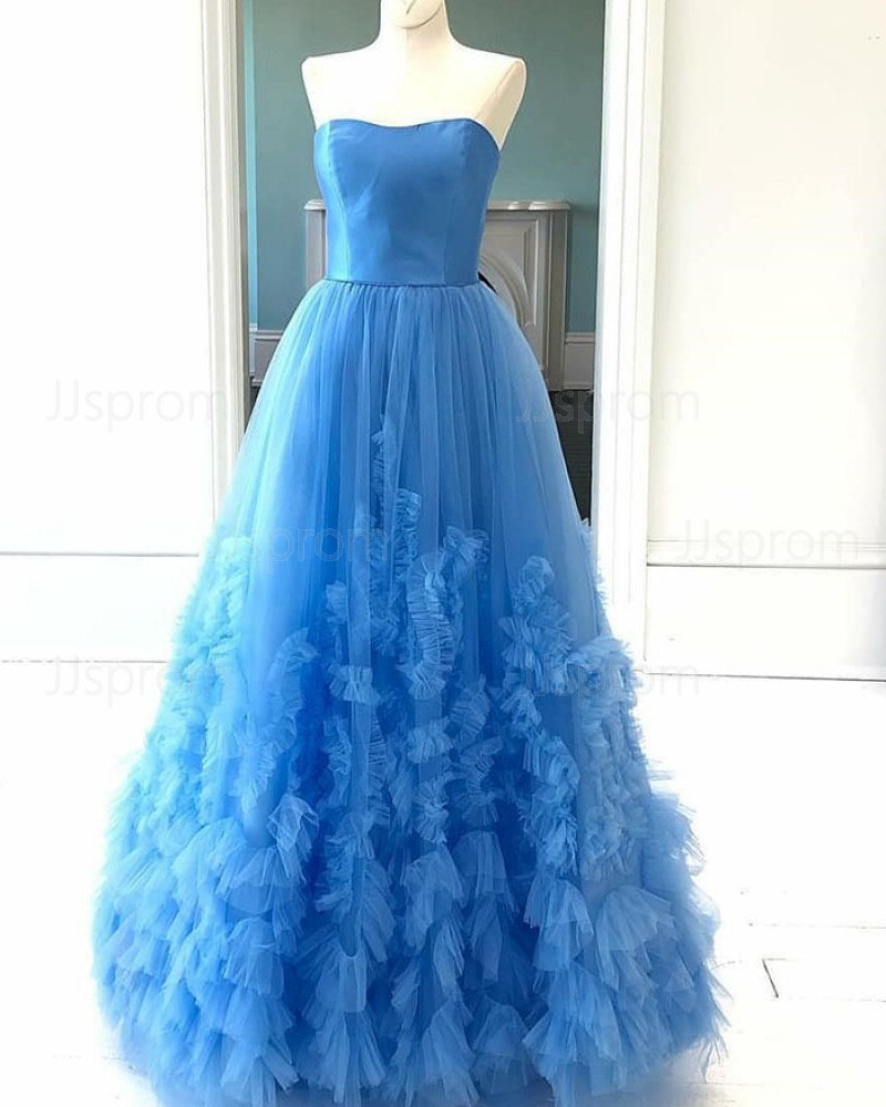 Sky Blue Pleated Tulle Ruffled Strapless Prom Dress PD2103