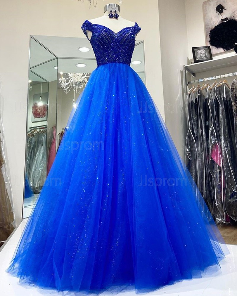 Blue Beading Bodice Tulle Off the Shoulder Prom Dress PD2107