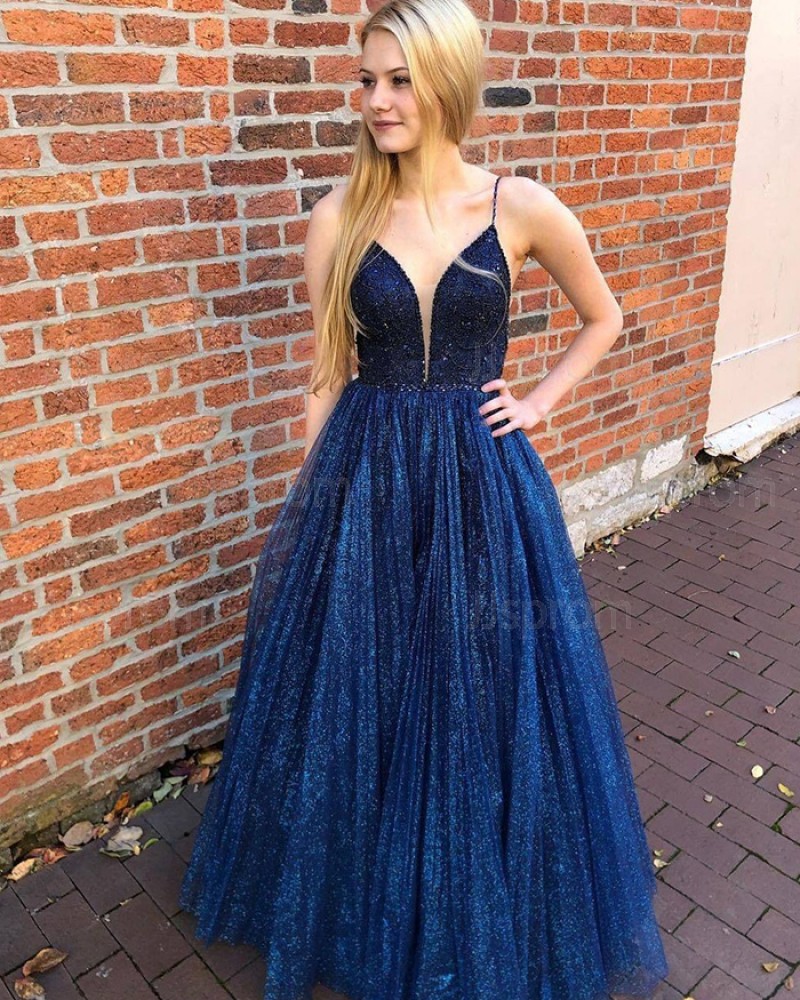 Navy Blue Spaghetti Straps Pleated Sequin & Beading Bodice Prom Dress PD2112