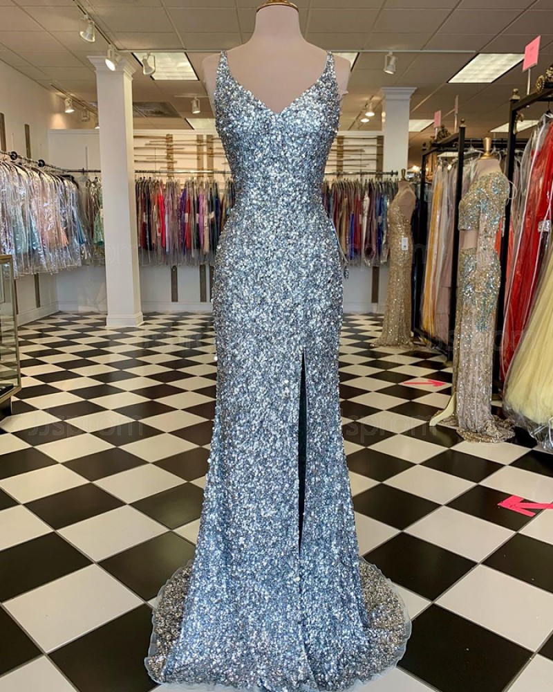 Silver Sequin Mermaid V-neck Prom Dress with Side Slit PD2115