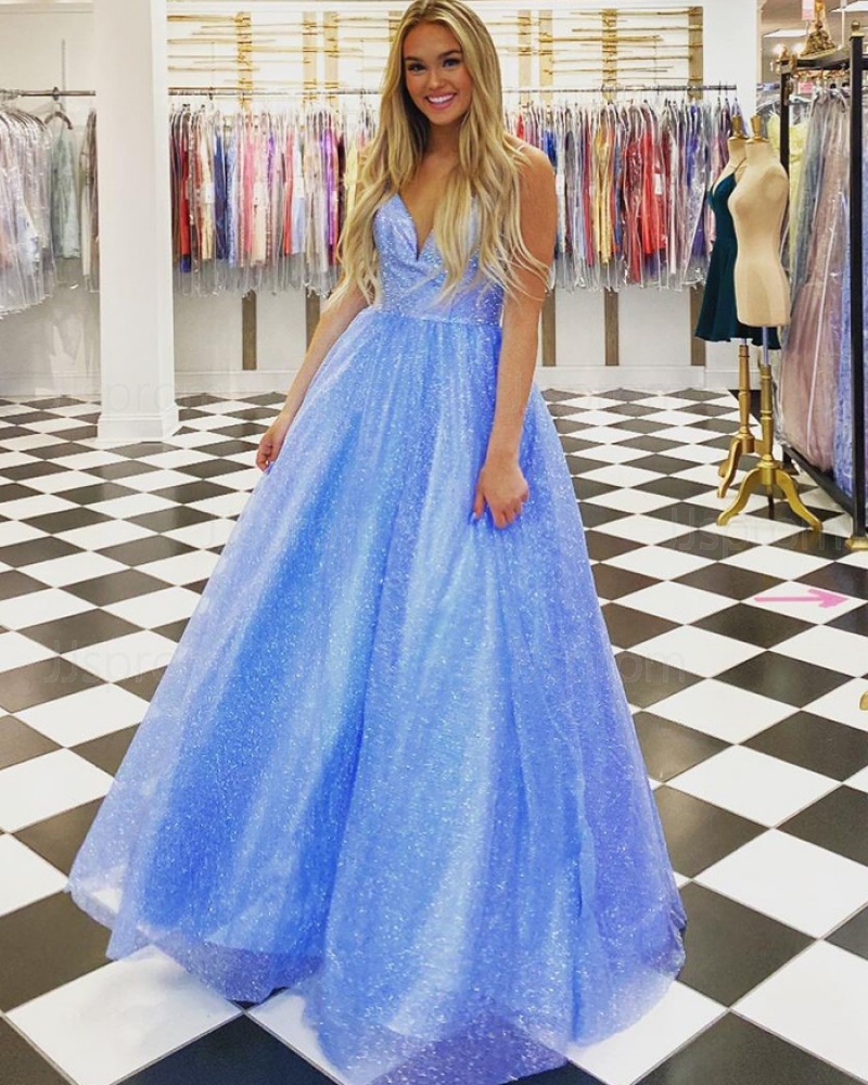 Light Blue Spaghetti Straps Sparkle Tulle Princess Prom Dress PD2116