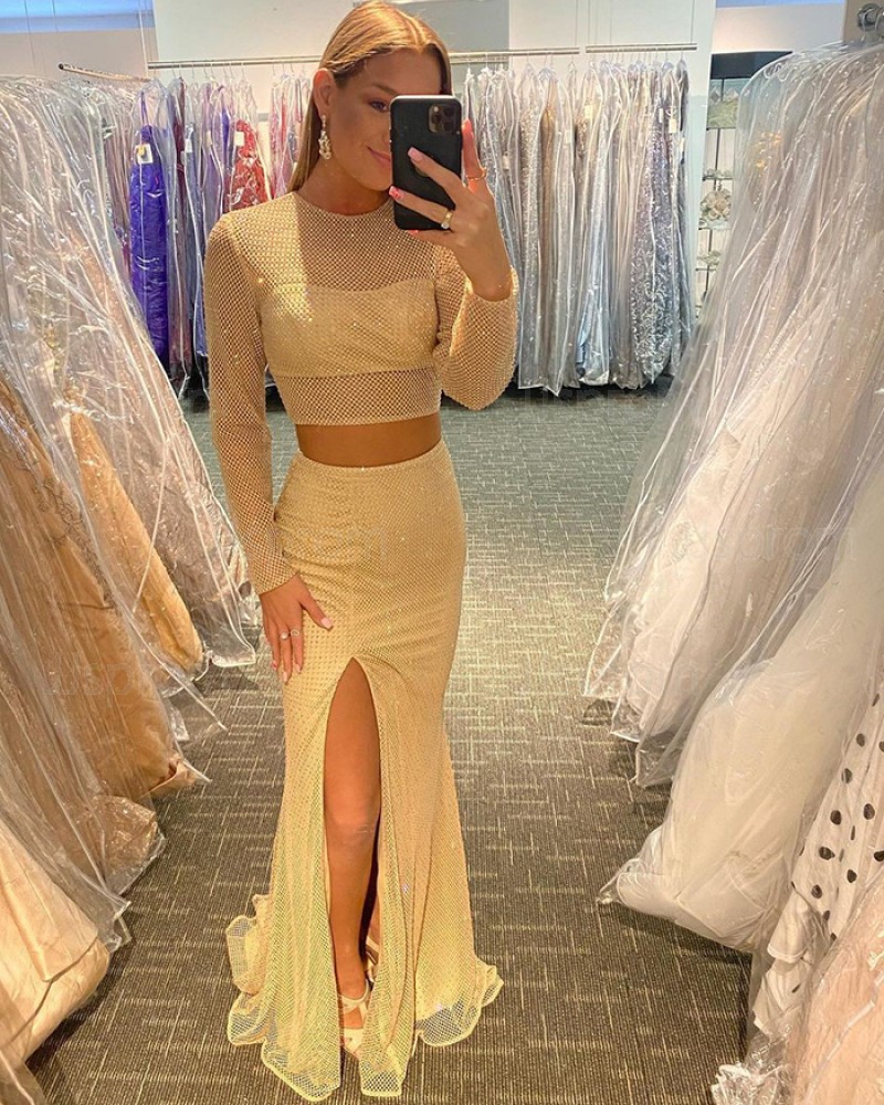 Light Yellow Long Sleeve Cross Net Lace Two Piece Mermaid Prom Dress with Side Slit PD2119