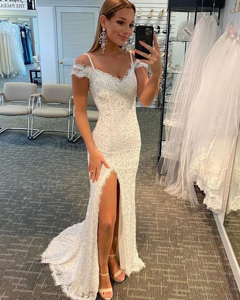 White Beading Lace Cold Shoulder Mermaid Prom Dress with Side Slit PD2122