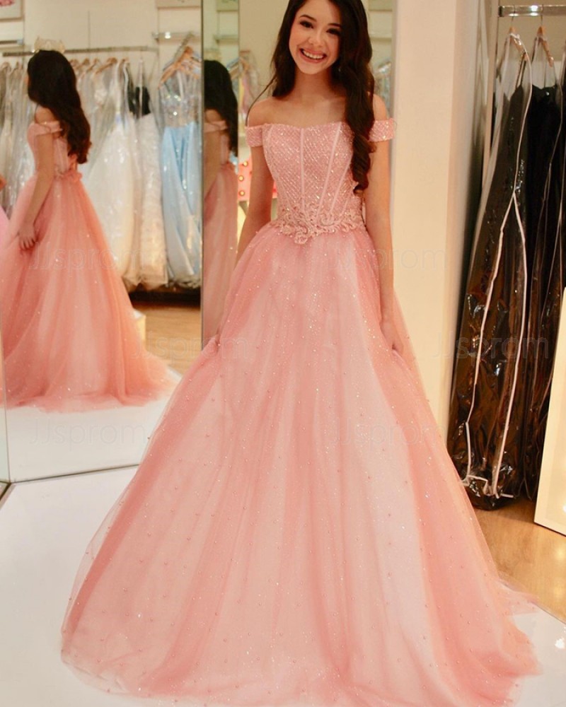 Coral Pink Off the Shoulder Tulle Beading & Applique Prom Dress PD2123