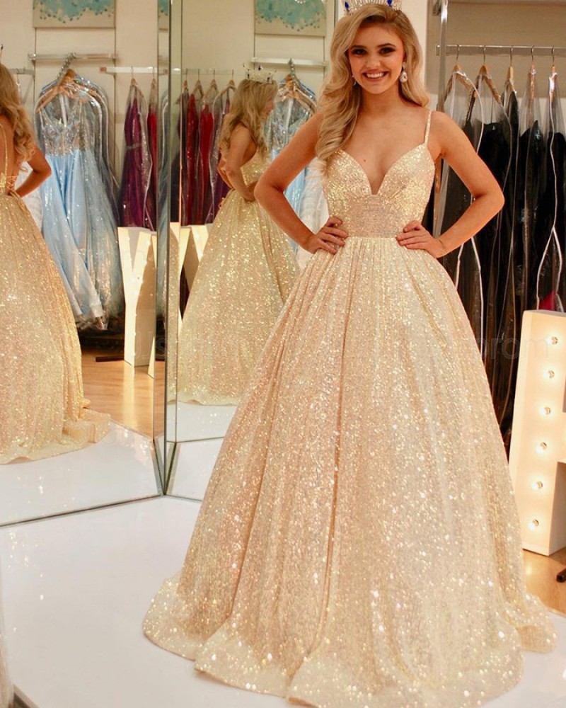 Sparkle Spaghetti Straps Gold Sequin Ball Gown Prom Dress PD2124