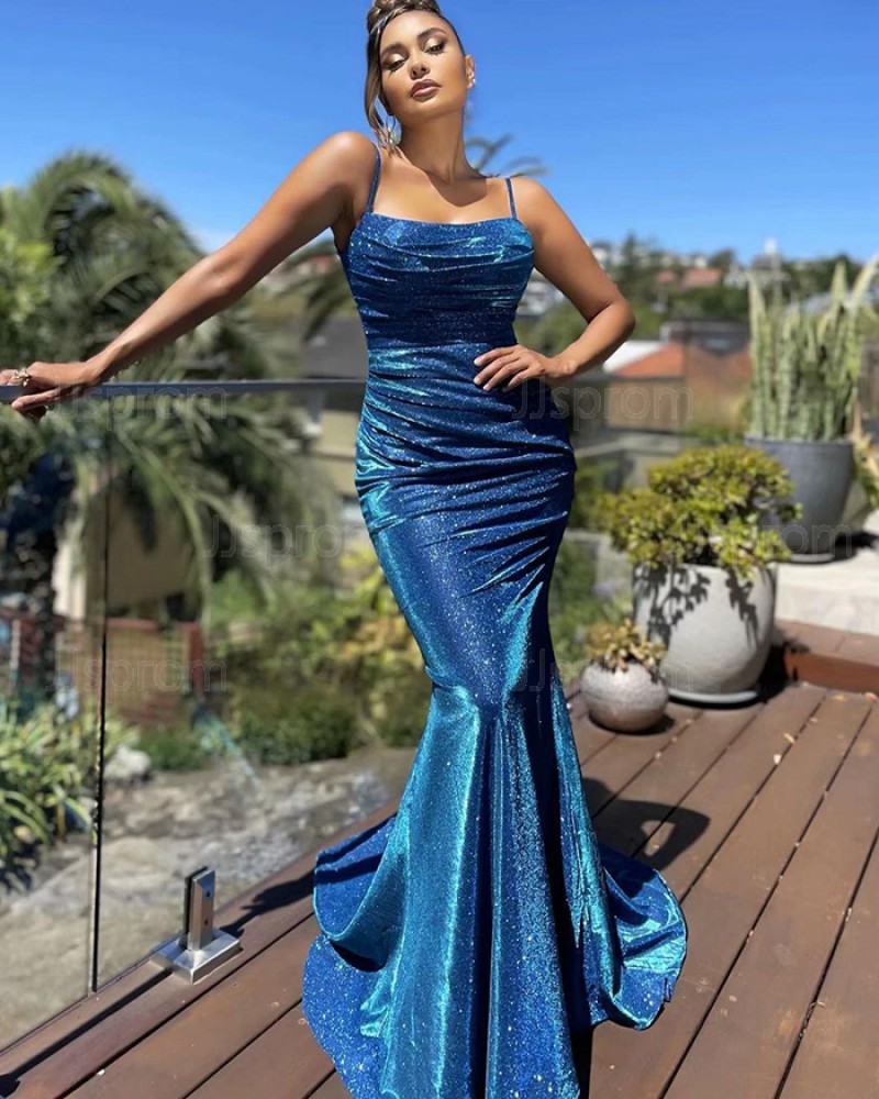 Blue Sparkle Sequin Ruched Spaghetti Straps Mermaid Prom Dress PD2131