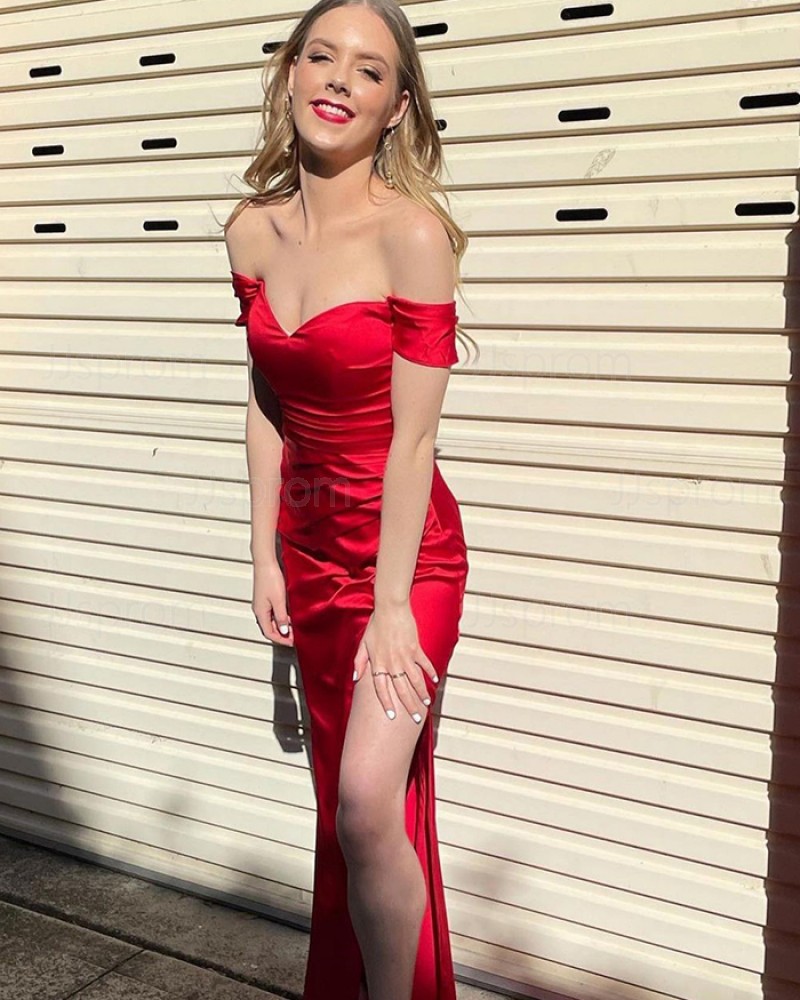 Off the Shoulder Red Satin Simple Prom Dress with Side Slit PD2132