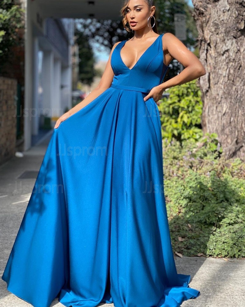 V-neck Blue Satin Simple Prom Dress with Pockets PD2133