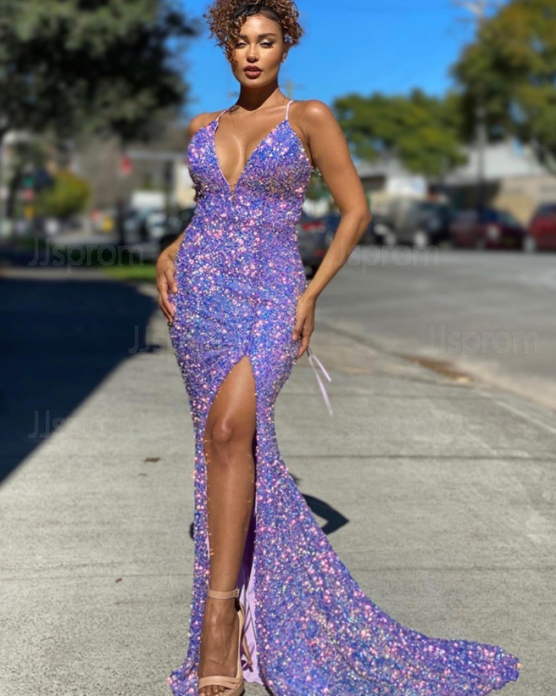 Blue Sequin Mermaid Spaghetti Straps Prom Dress with Side Slit PD2135