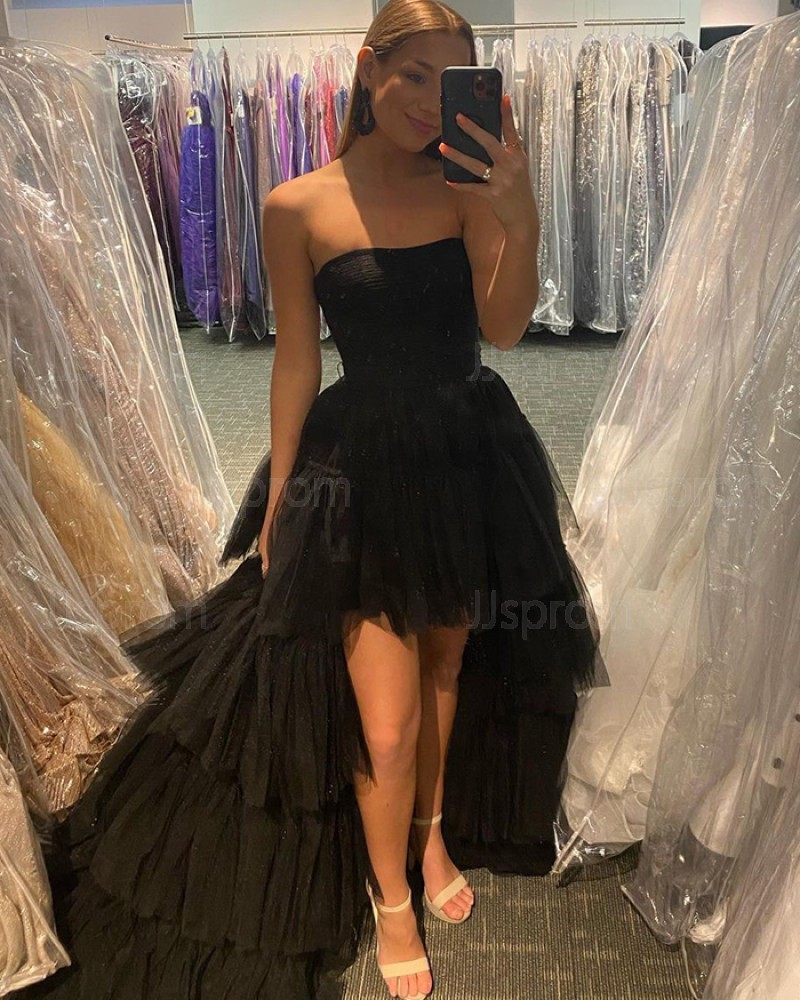 Strapless Black Tulle High Low Prom Dress with Layered Skirt PD2142