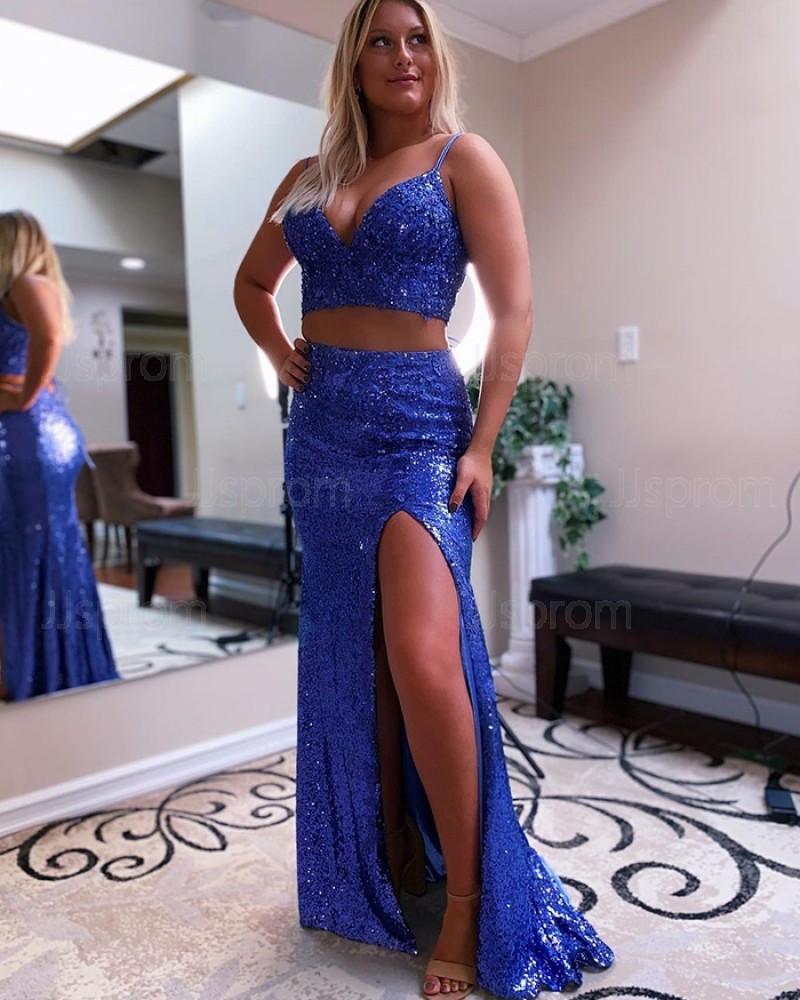 Two Piece Blue Sequin Spaghetti Straps Prom Dress with Side Slit PD2151