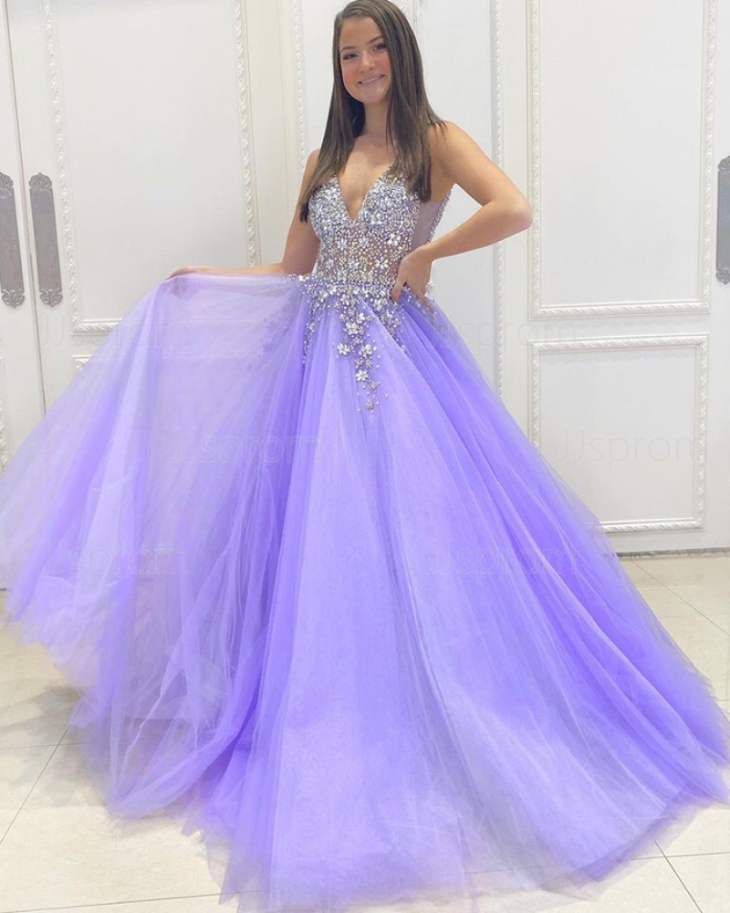 Beading Bodice Lavender Tulle V-neck Prom Dress PD2157